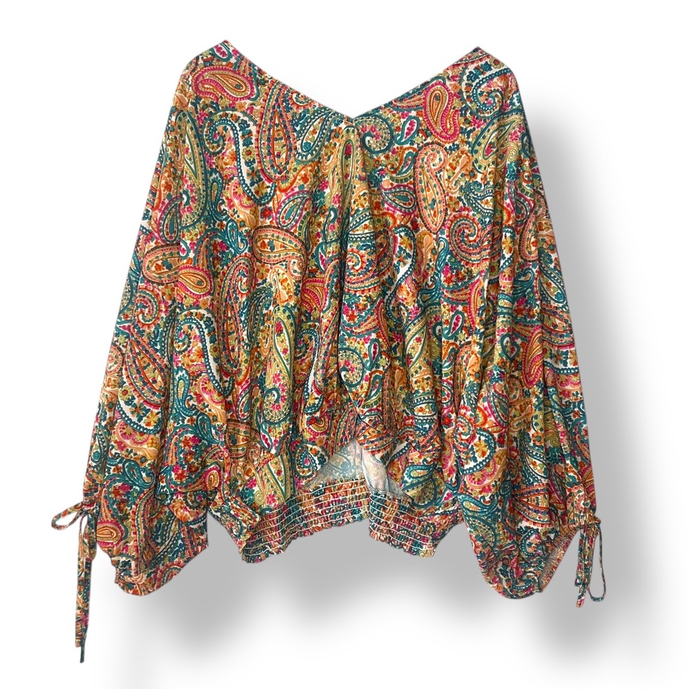 Umgee USA XL Colorful Paisley Blouse Boho Bishop Puff Long Sleeve Smocked‎ Hem